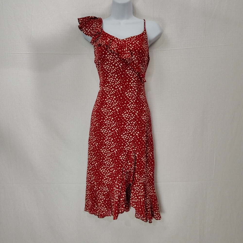 Vintage Red Dress Sz 6 100% Rayon Polka Dot Pinup Flutter Strap Midi‎ Assymetric